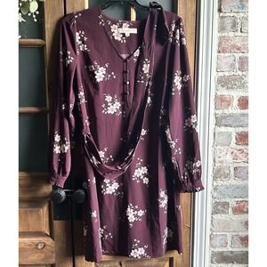 ANN TAYLOR LOFT Dress Shift Size 4 Burgundy Floral  Button Long Sleeve